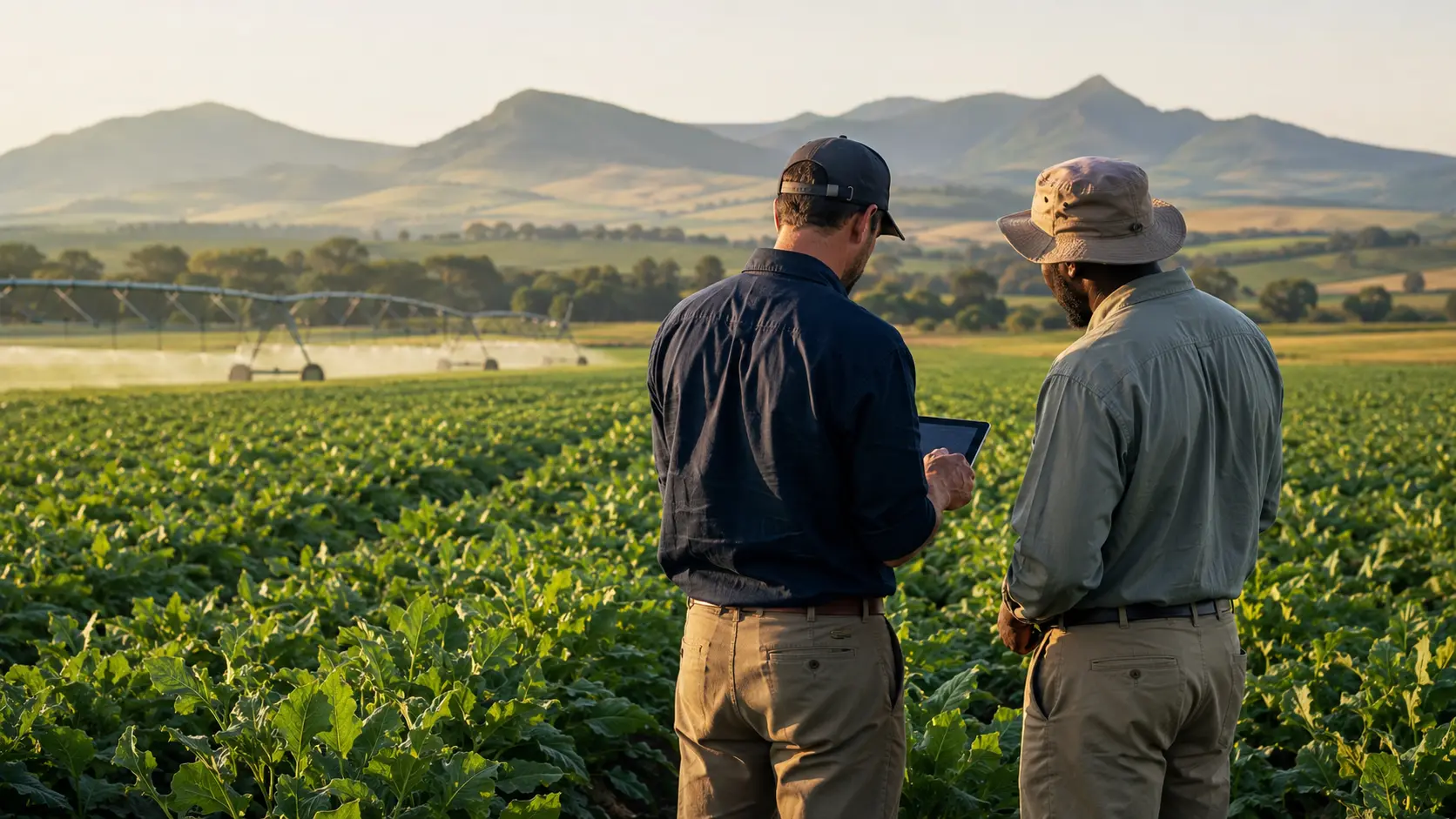Farmer and agronomist evaluating commercial crops